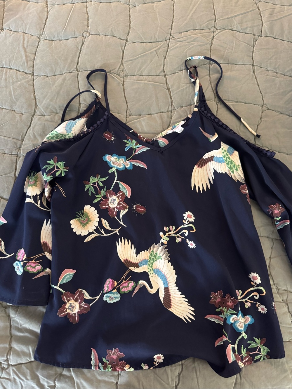 a'gaci Navy Floral Crane Cold-Shoulder Cami